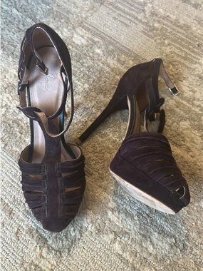 Joie Dark Plum Suede Strappy T‑Bar Stiletto Heels